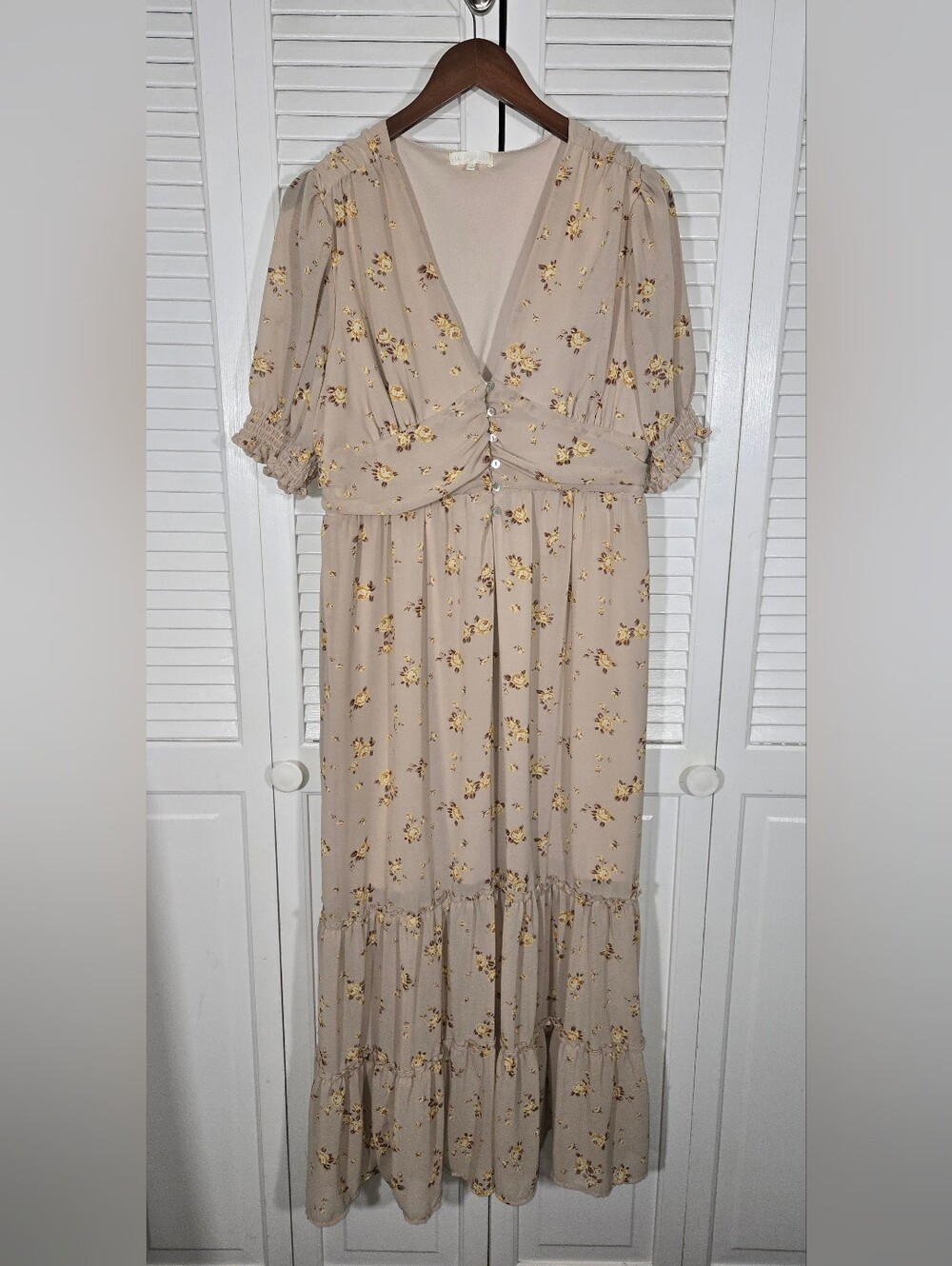 Ultra Flirt Floral Tiered Blush Puff Sleeve Ruffle Ruched Cottagecore Maxi Dress